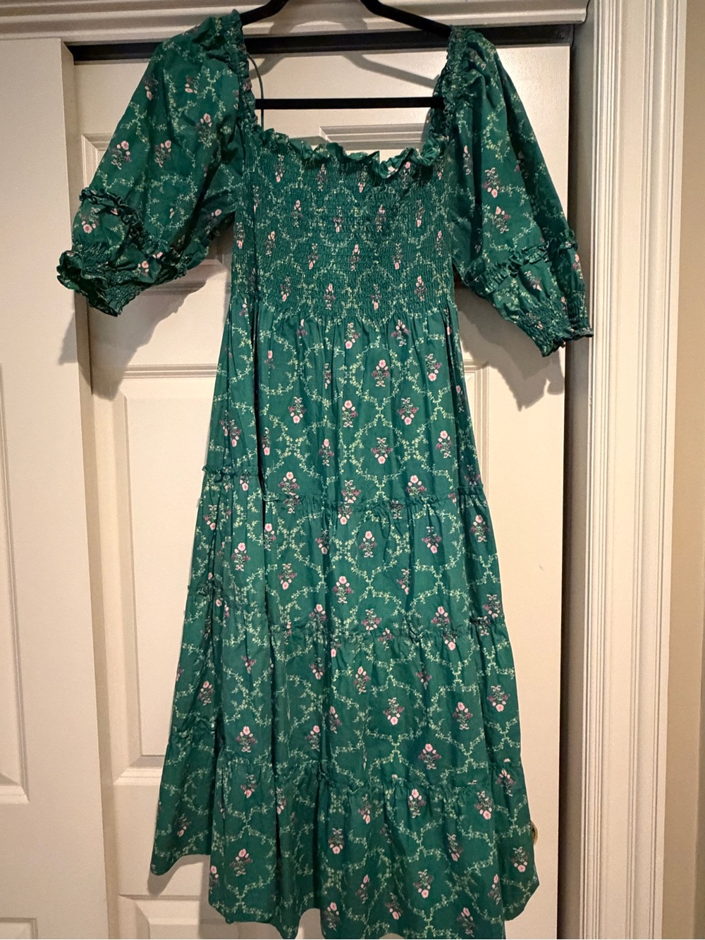 Hill House Green Floral Maxi Dress with Smocked Bodice